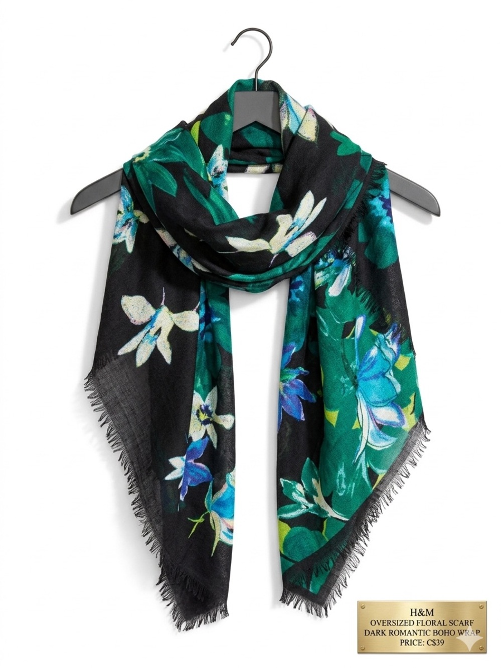 H&M Oversized Floral Scarf - Dark Romantic Boho Wrap - Jewel Tones EUC